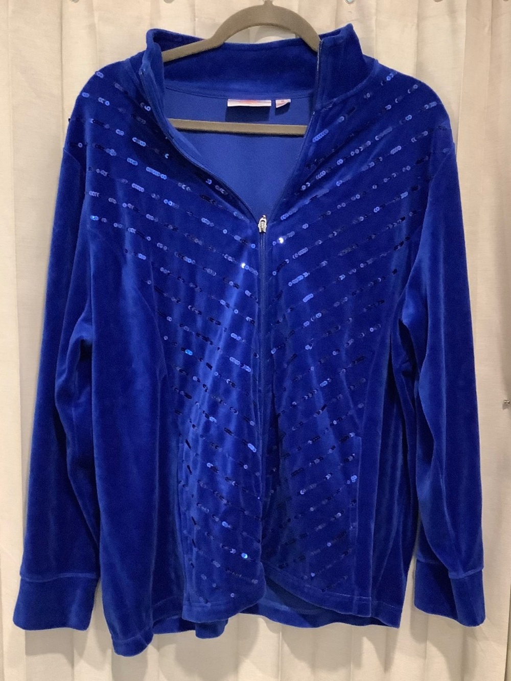 *VINTAGE* Quacker Factory by Jeanne Ice Blue Velour Sequin Full Zip Mock Neck XL